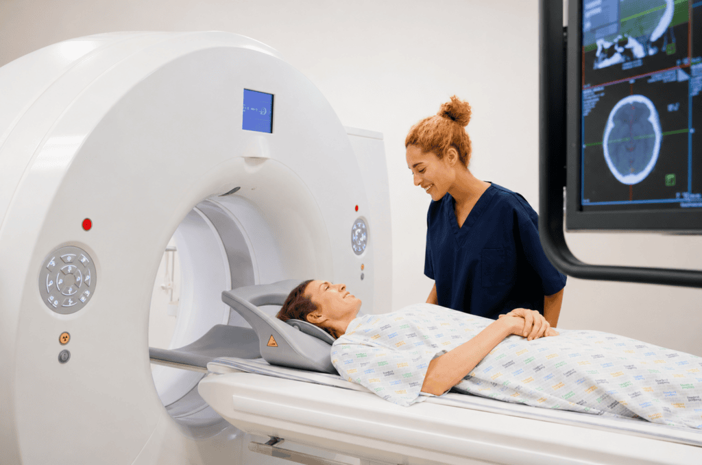 radiologist with patient in CT machine